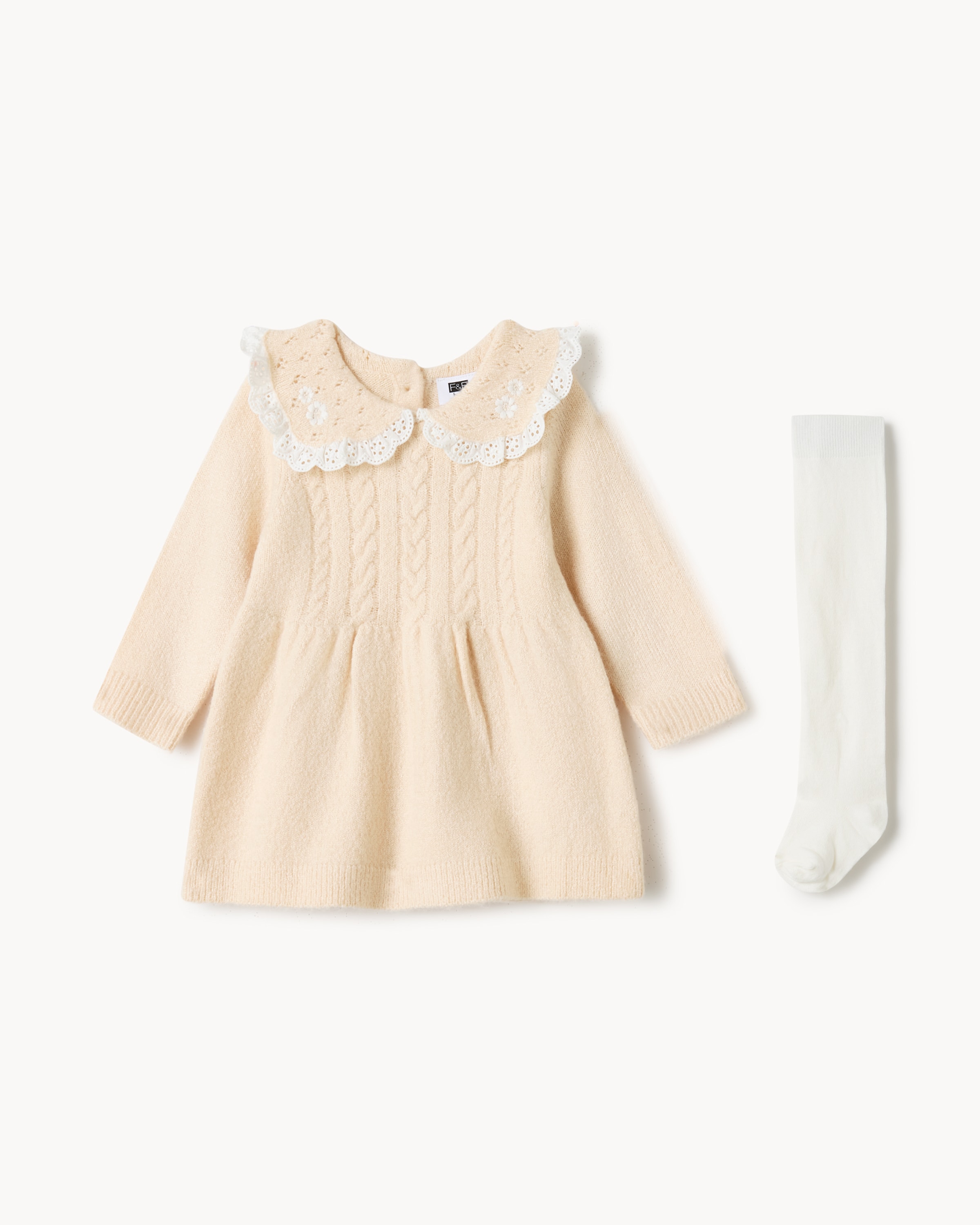 F&F Baby Knitted Embroidered Dress and Tights Set in Brown