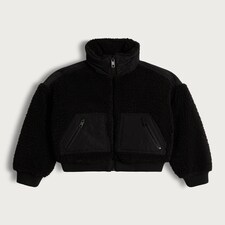 F&F Girls Textured Borg Zip Detail Jacket in Black Tesco Groceries