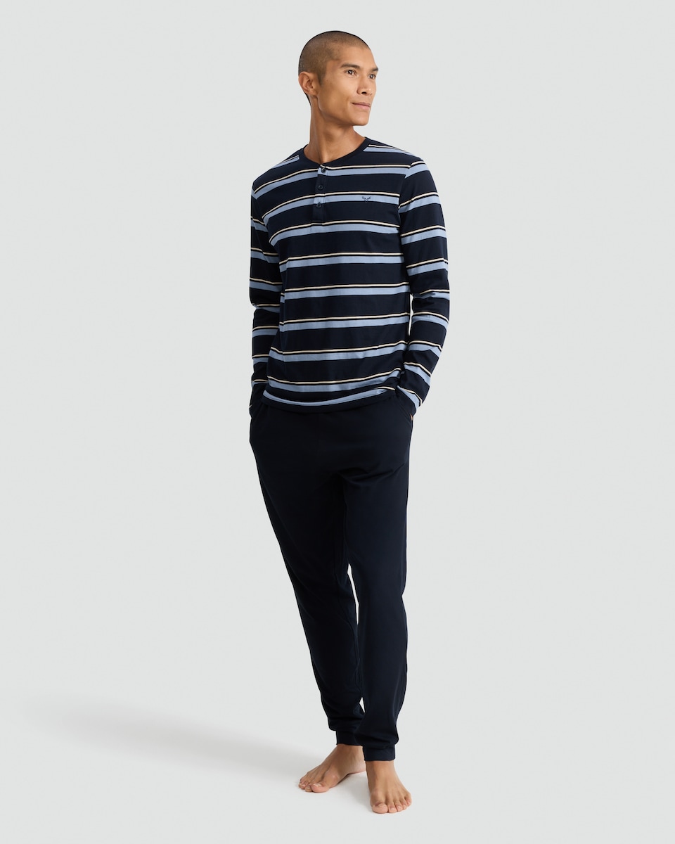 image 1 of F&F Pure Cotton Stripe Print Henley Top and Joggers Pyjamas in Navy