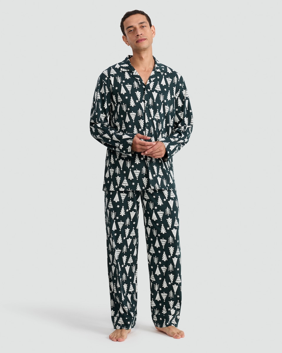 image 1 of F&F Christmas Tree Print Matching Family Christmas Button Through Pyjamas in Green