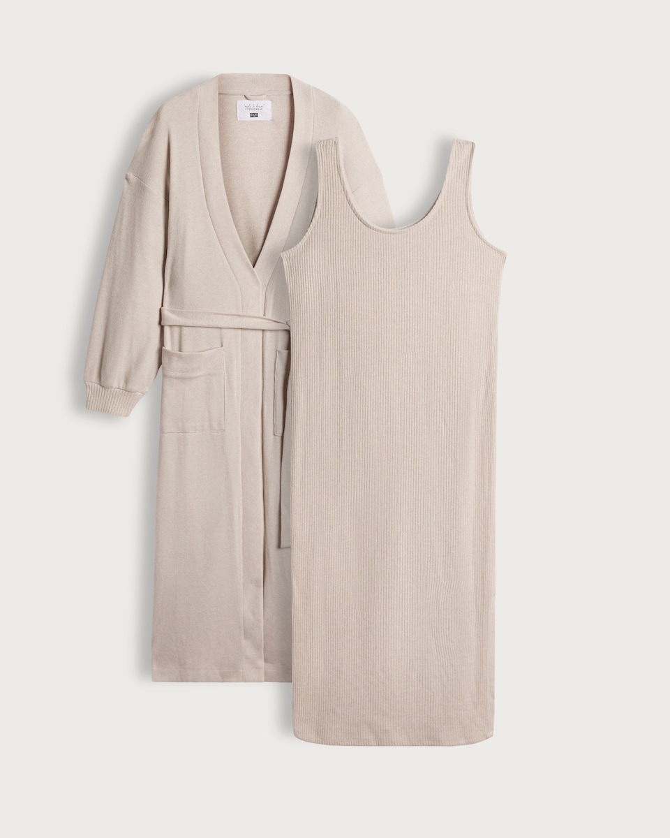 image 1 of F&F 2-Piece Ribbed Nightdress and Belted Robe Set in Neutral