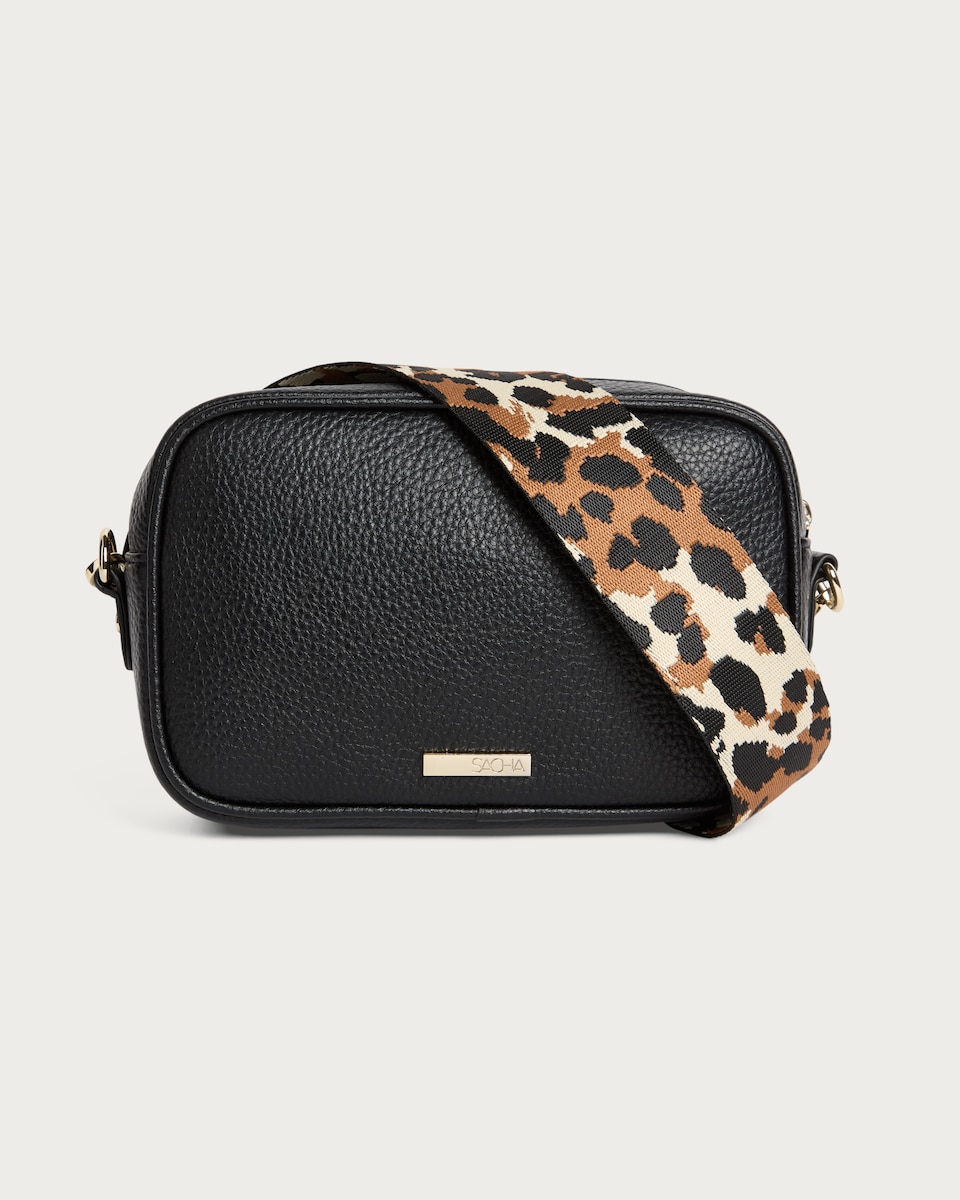 image 1 of SACHA Leopard Strap Crossbody Camera Bag in Black
