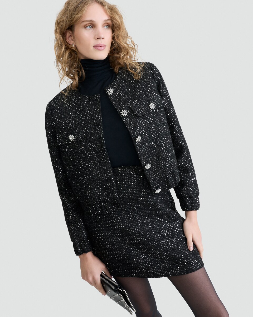 image 1 of F&F Boucle Sequin Embellished Button Front Co-ord Jacket in Black
