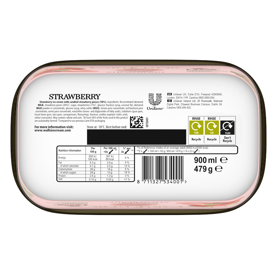 image 1 of Carte D'or Strawberry Ice Cream Tub 900ml