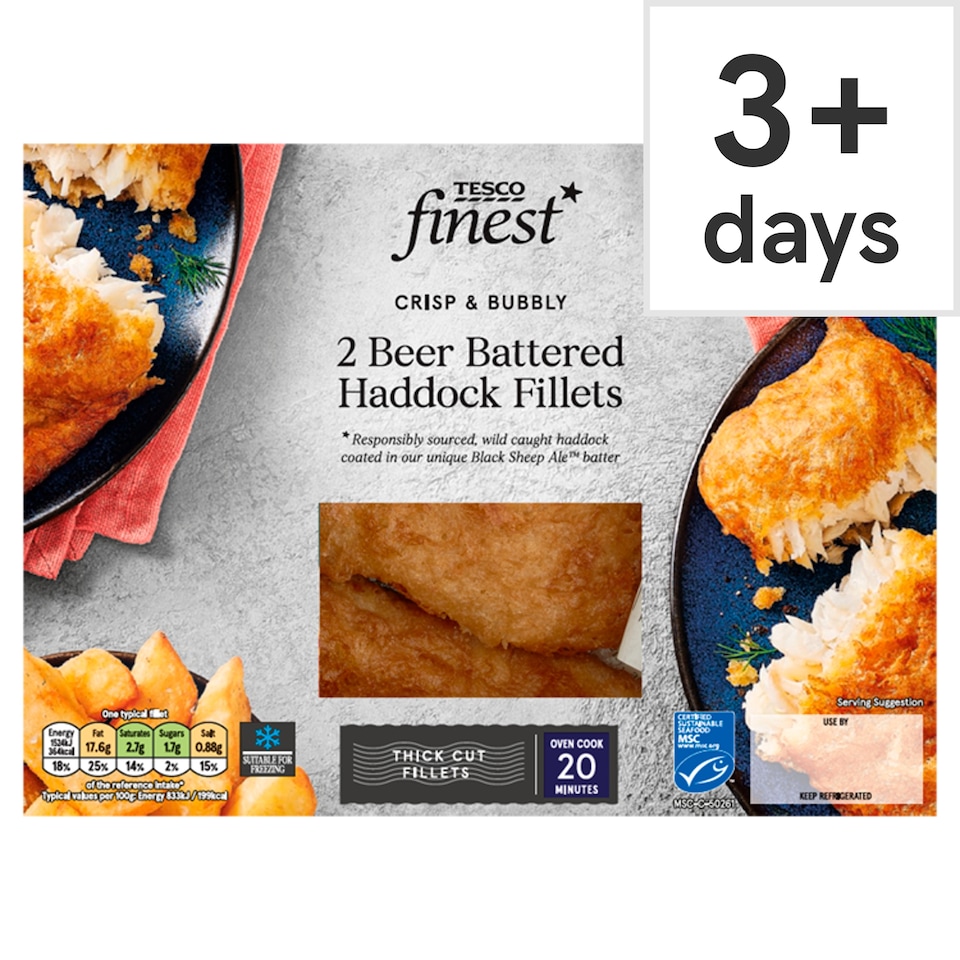 Tesco Finest 2 Beer Battered Haddock Fillets 365G