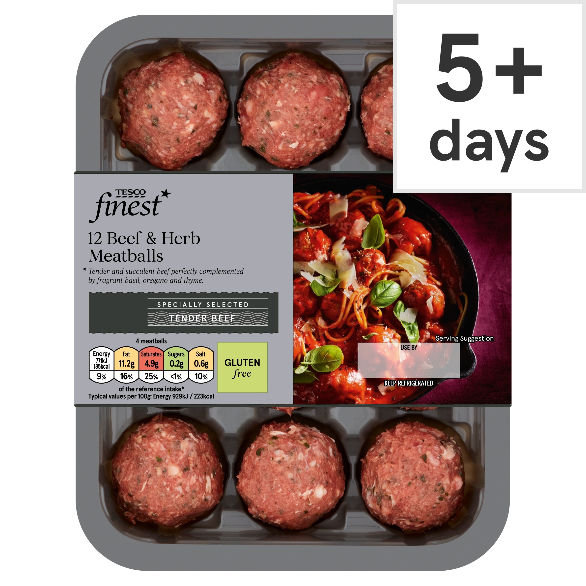 Tesco Finest 12 Beef & Herb Meatballs 336G
