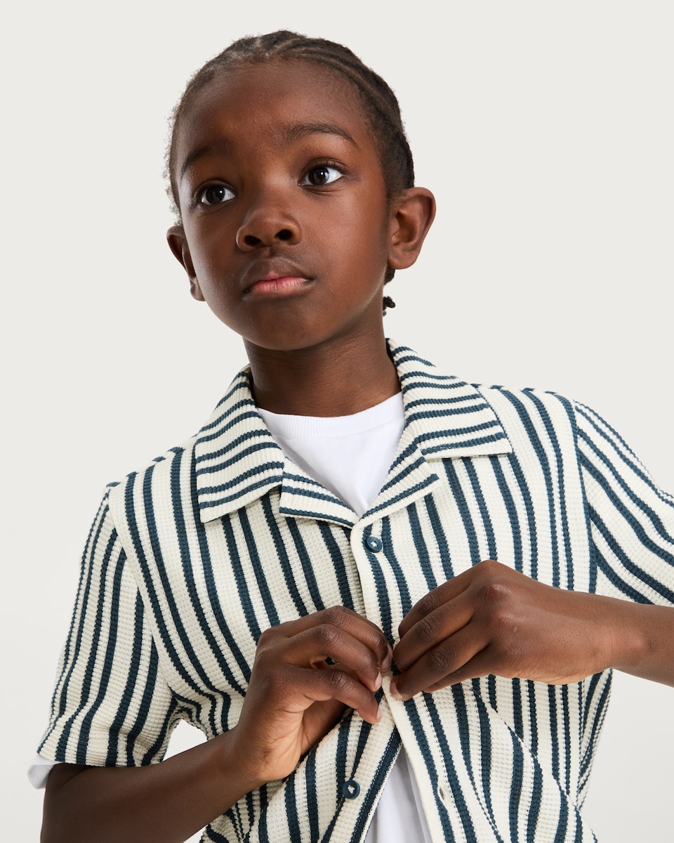 image 1 of F&F Boys Striped Revere Shirt in Multi Black White