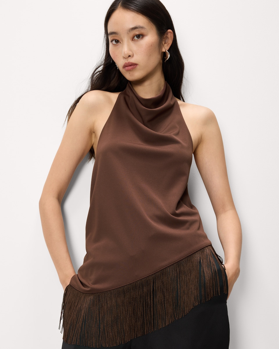 image 1 of F&F Sleeveless Halter Neck Fringed Top in Brown