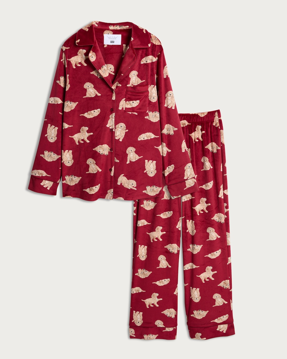 image 1 of F&F Curtis The Dog Printed Fleece Revere Shirt and Trousers Pyjamas  in Red