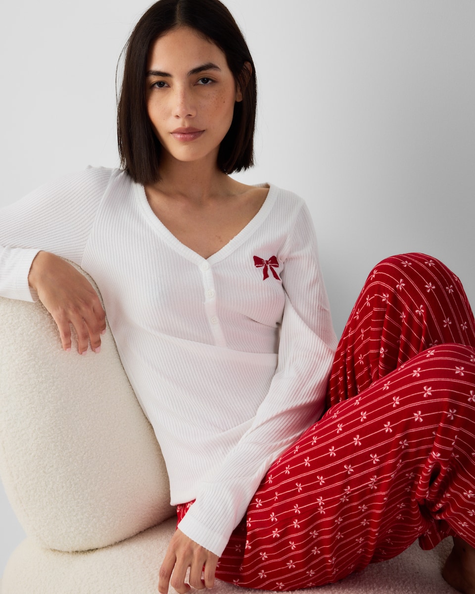 image 1 of F&F Brushed Henley Bow Pyjama Set in Multi Red