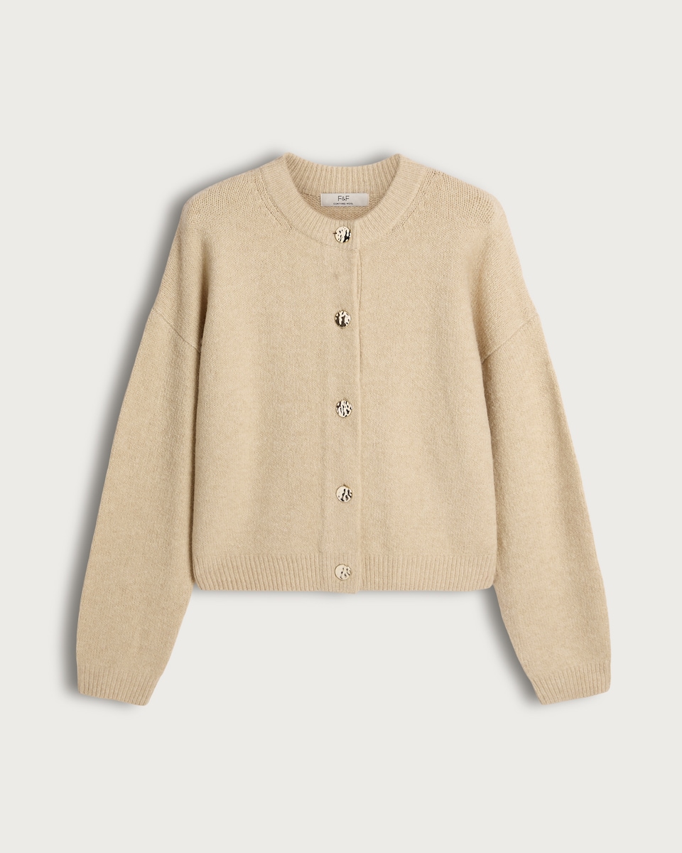 F&F Knitted Button Up Cardigan with Wool in Neutral