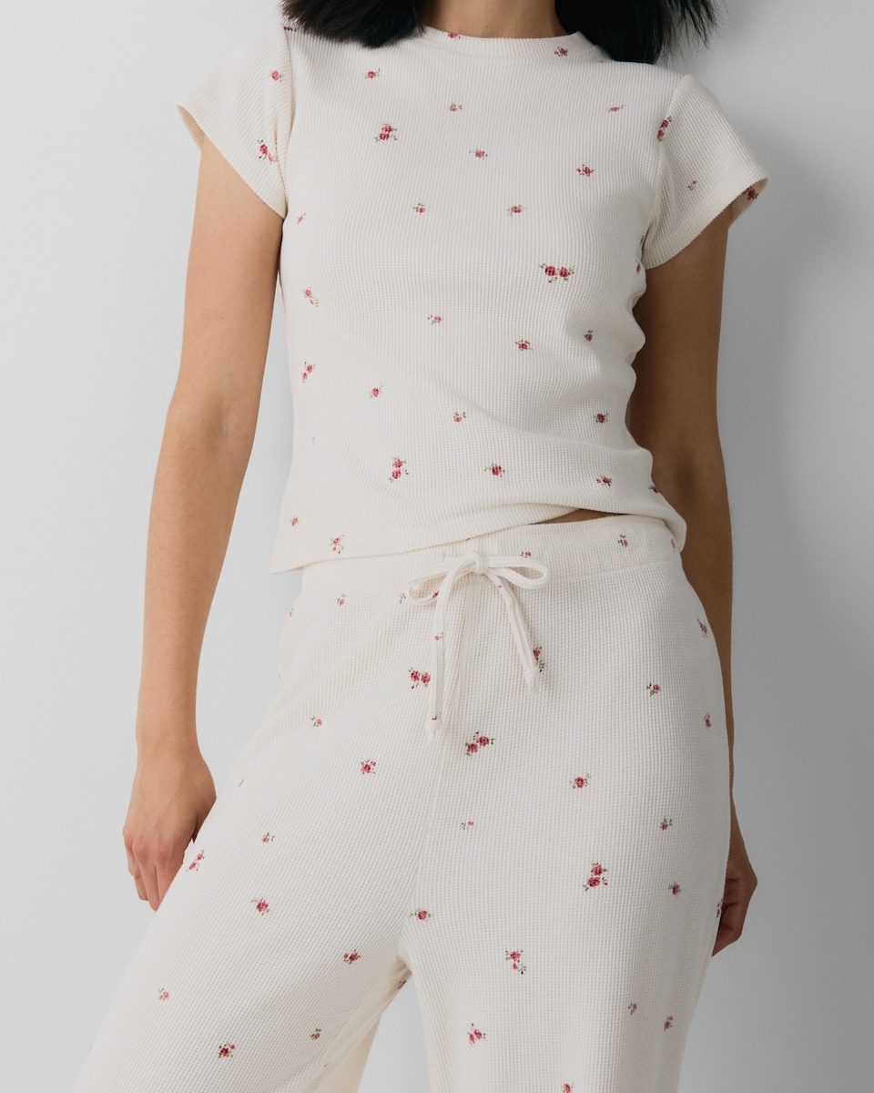 image 1 of F&F Waffle Textured Floral Pyjama Set in Cream