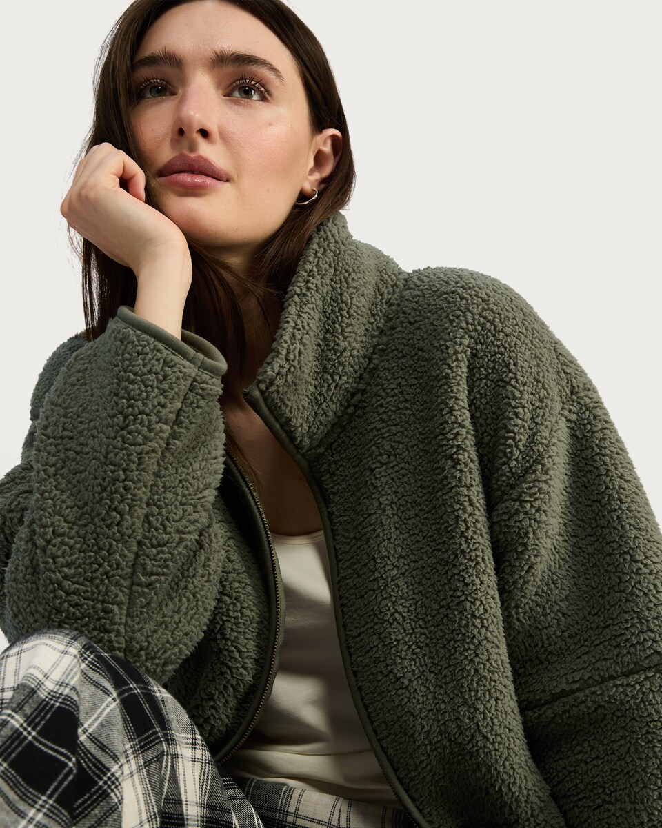 image 1 of F&F Fleece Zip Up Pyjama Top in Khaki