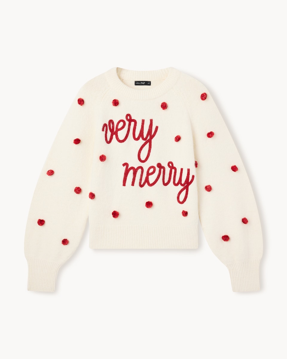 image 1 of Christmas Very Merry Pom Pom Christmas Jumper in Cream