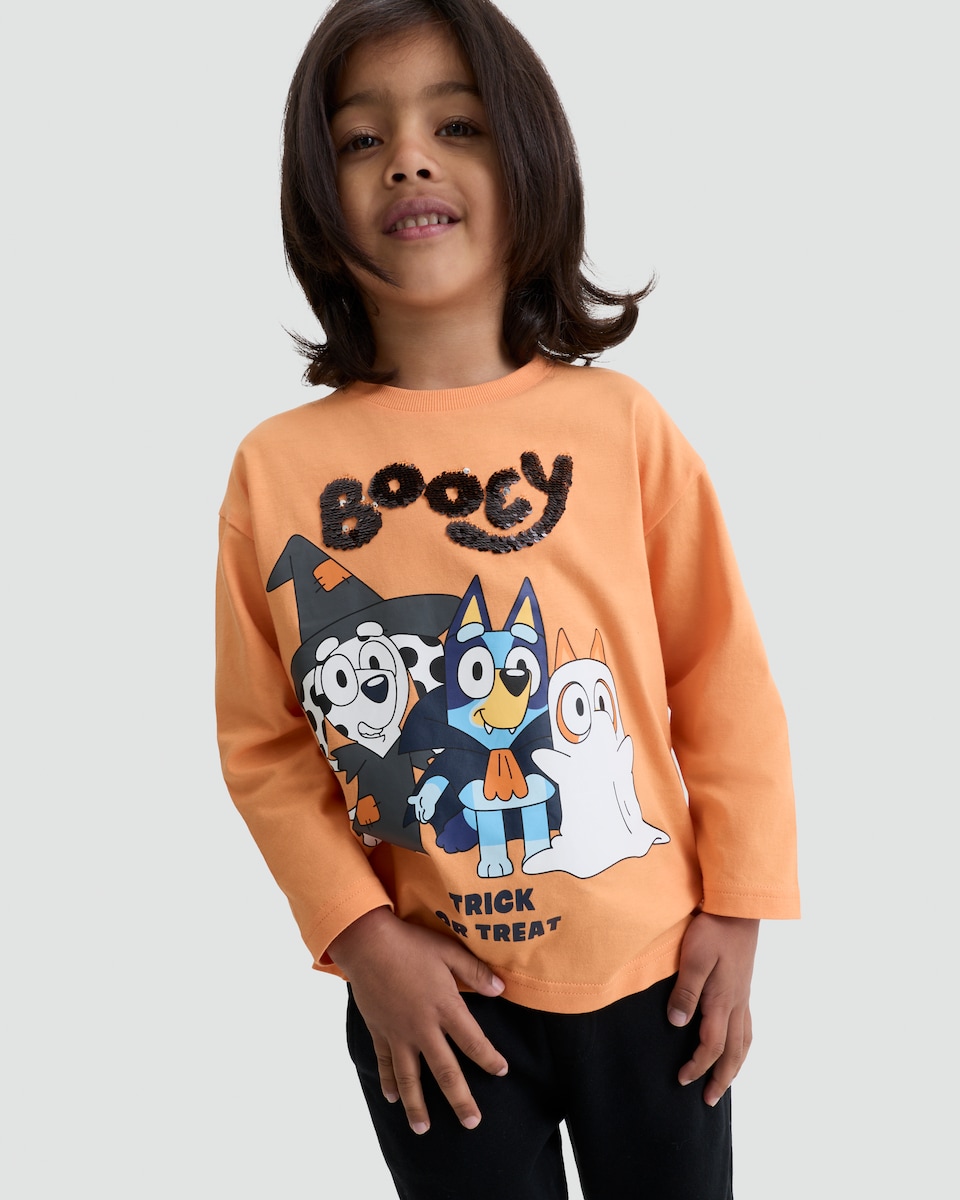 image 1 of Bluey Pure Cotton Booey Slogan Long Sleeved Top in Orange