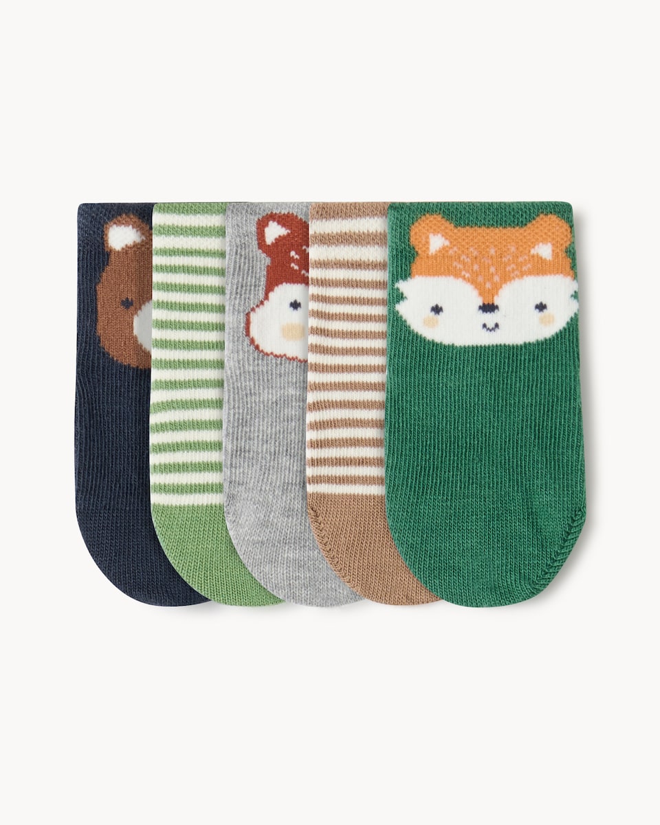 F&F Baby 5-Pack Cotton Blend Animal Ankle Socks in Multi