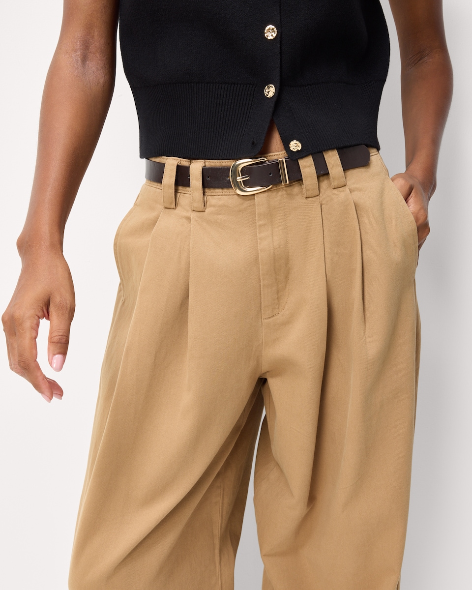 image 1 of F&F Pure Cotton Pleated Belted Chino Trousers in Camel