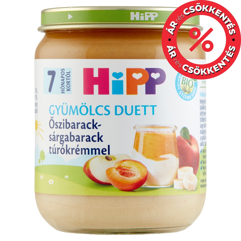 HiPP Gyümölcs Duett BIO őszibarack-sárgabarack túrókrémmel bébidesszert 7 hónapos kortól 160 g