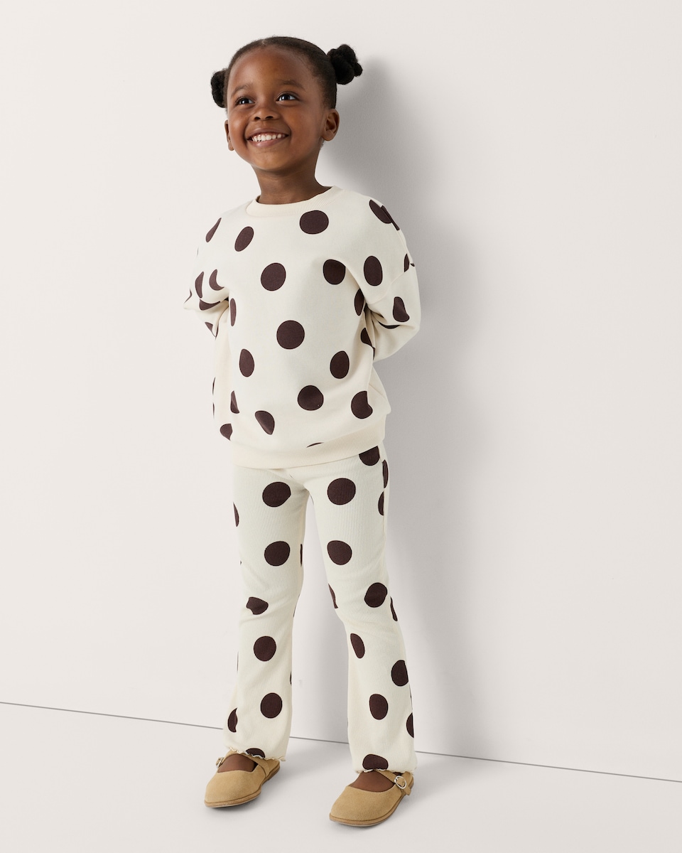 image 1 of F&F Girls Cotton Rich Polka Dot Sweatshirt and Flared Leggings Set in Cream