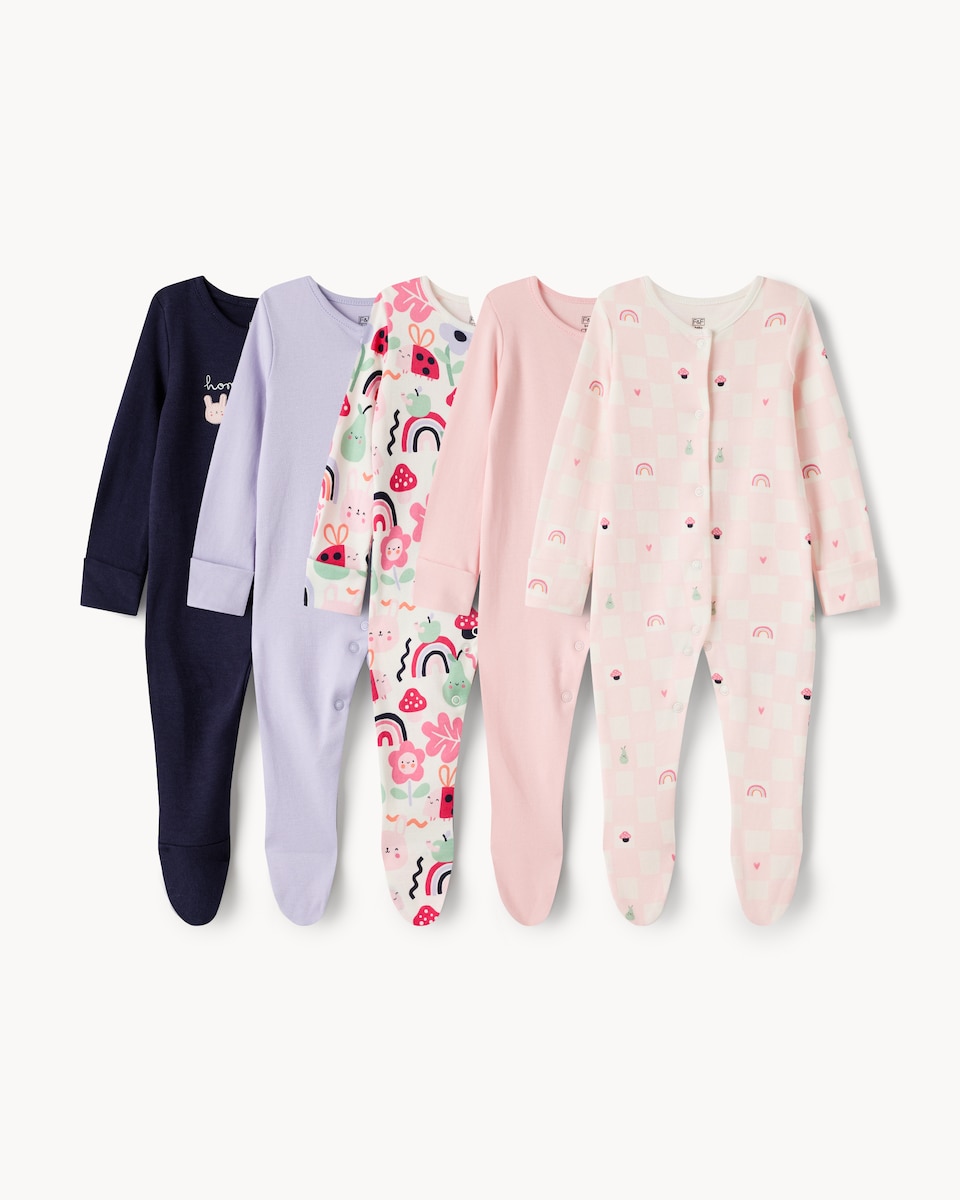 image 1 of F&F Baby 5-Pack Pure Cotton Printed Sleepsuits in Multi