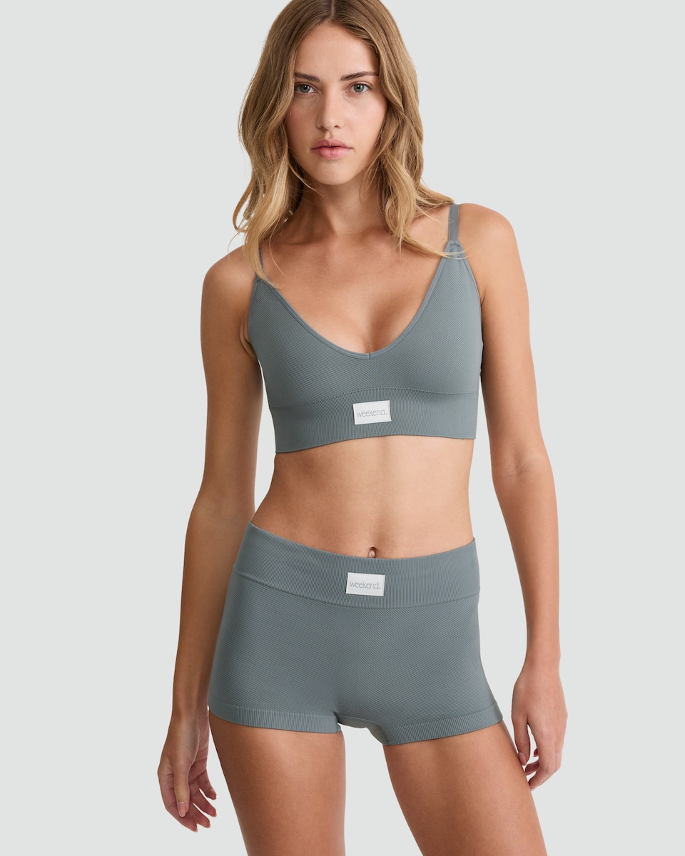 image 1 of F&F Ribbed Weekend Slogan Crop Top and Shorts Set in Green