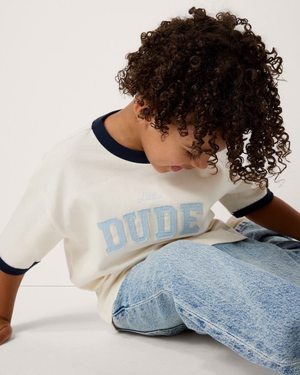 image 1 of F&F Boys Pure Cotton Dude T-Shirt in Cream