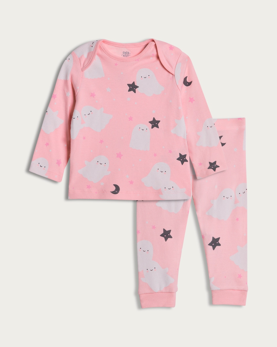 image 1 of F&F Baby 2-Pack Pure Cotton Ghost Print Pyjamas in Pink