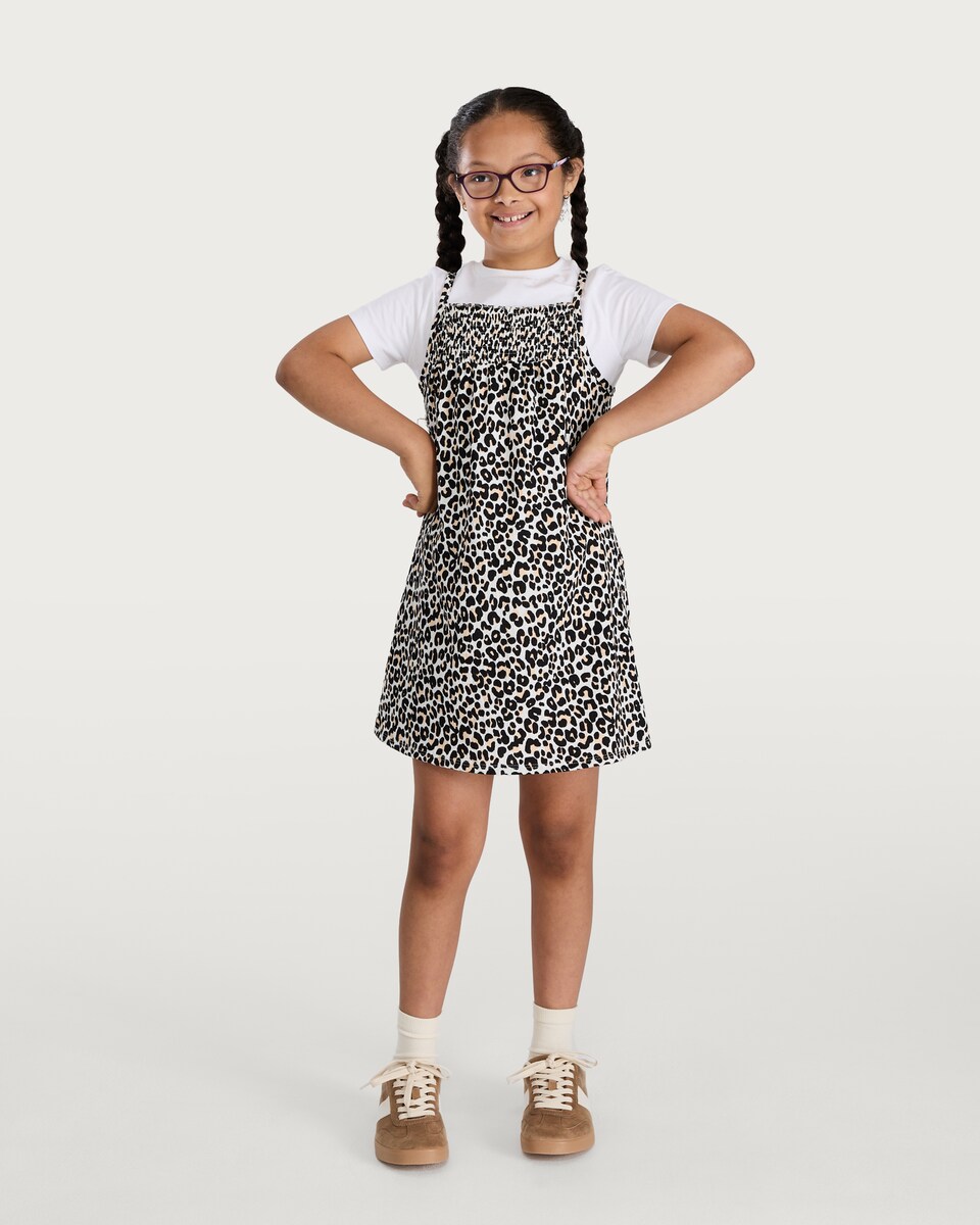image 1 of F&F Girls Cotton Rich Leopard Print Layered Dress in Multi