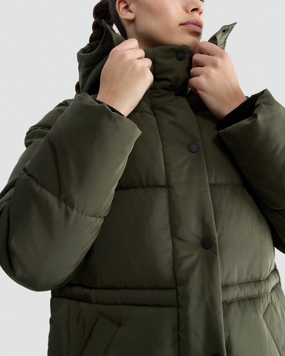 image 1 of F&F Hooded Longline Shower Resistant Puffer Coat in Khaki