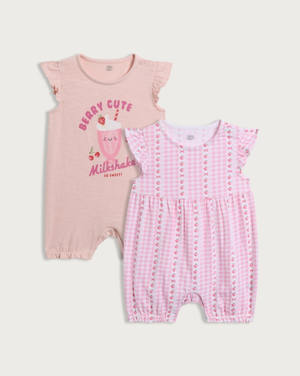 F&F Baby 2-Pack Pure Cotton Printed Flutter Sleeved Rompers in Pink