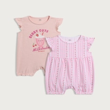 F&F Baby 2-Pack Pure Cotton Printed Flutter Sleeved Rompers in Pink