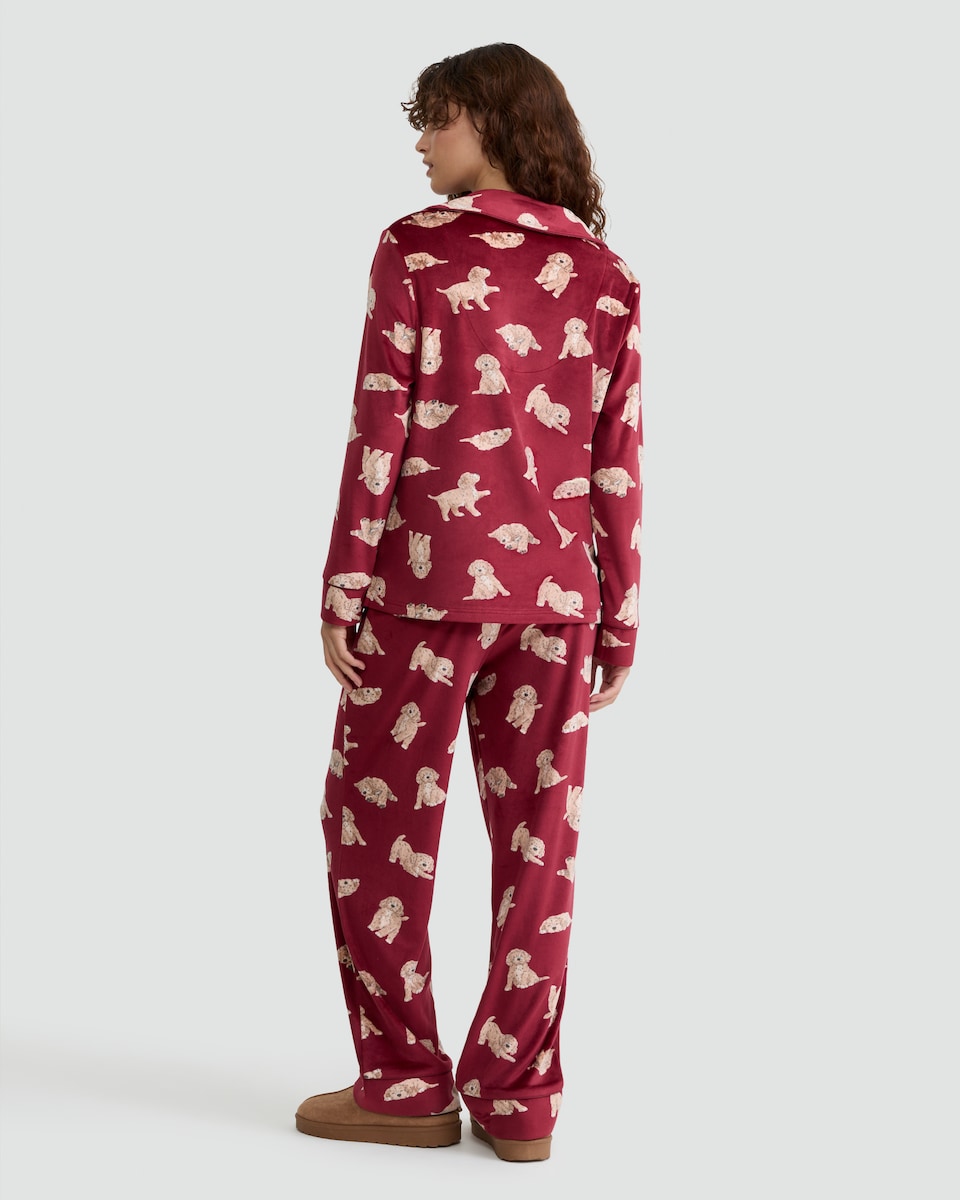 image 1 of F&F Curtis The Dog Printed Fleece Revere Shirt and Trousers Pyjamas  in Red