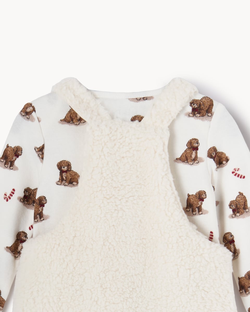 image 1 of Christmas Baby Fleece Dog Dungarees and Bodysuit Set in Cream