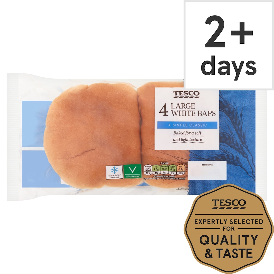 Tesco Large White Baps 4 pack