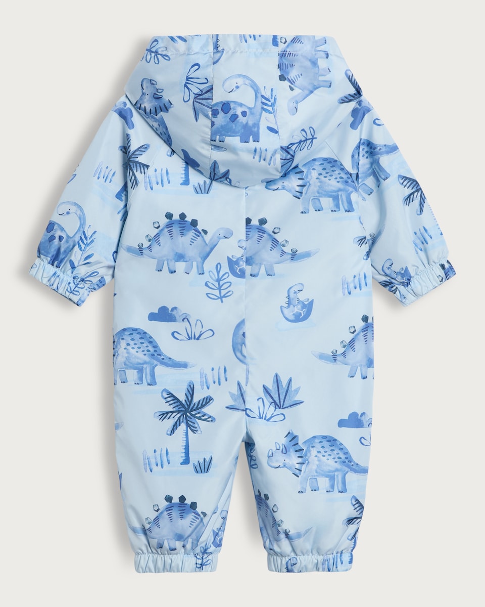 image 1 of F&F Baby Dinosaur Print Hooded Shower Resistant Puddlesuit in Blue