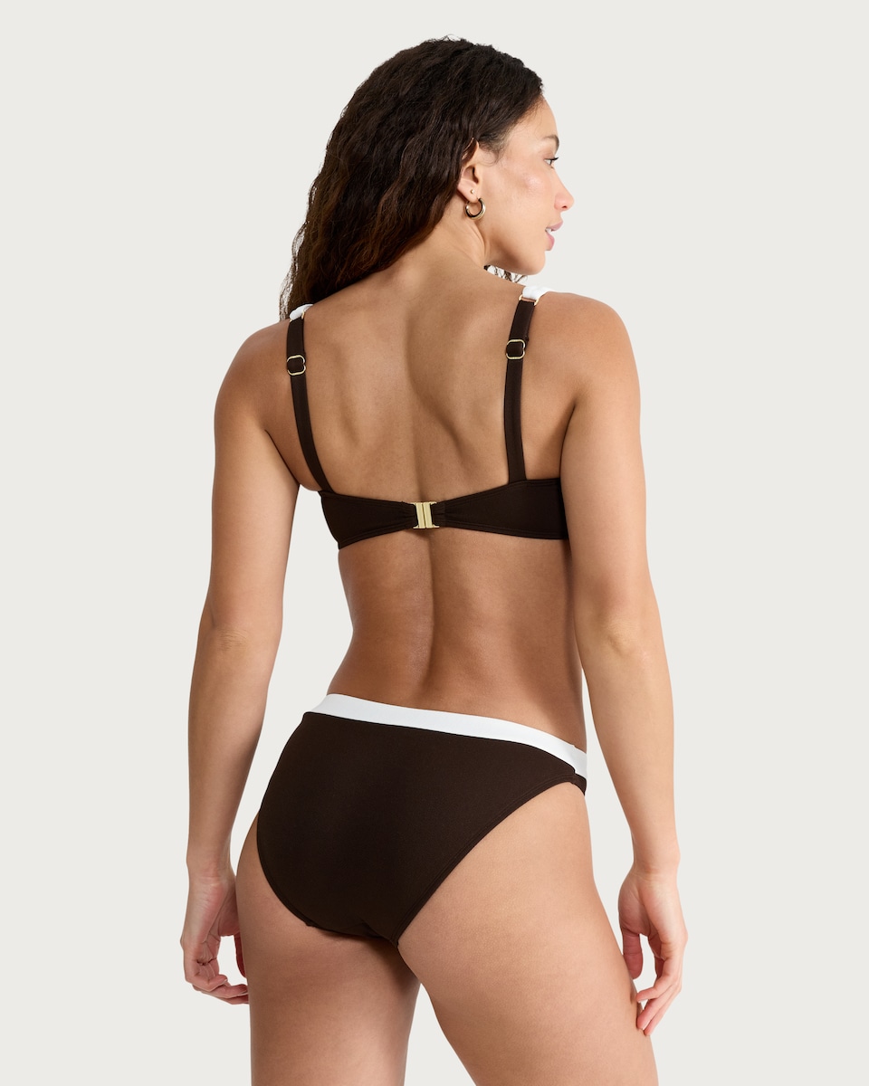image 1 of F&F Textured Contrast Trim High Leg Bikini Bottoms in Brown