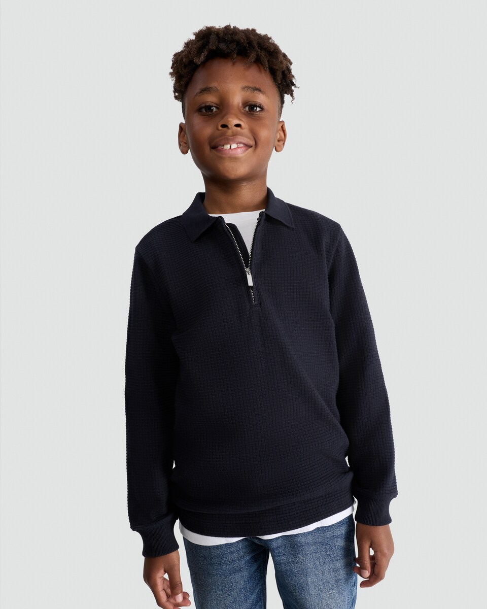 image 1 of F&F Boys Pure Cotton Waffle Textured Zip Polo Top in Navy