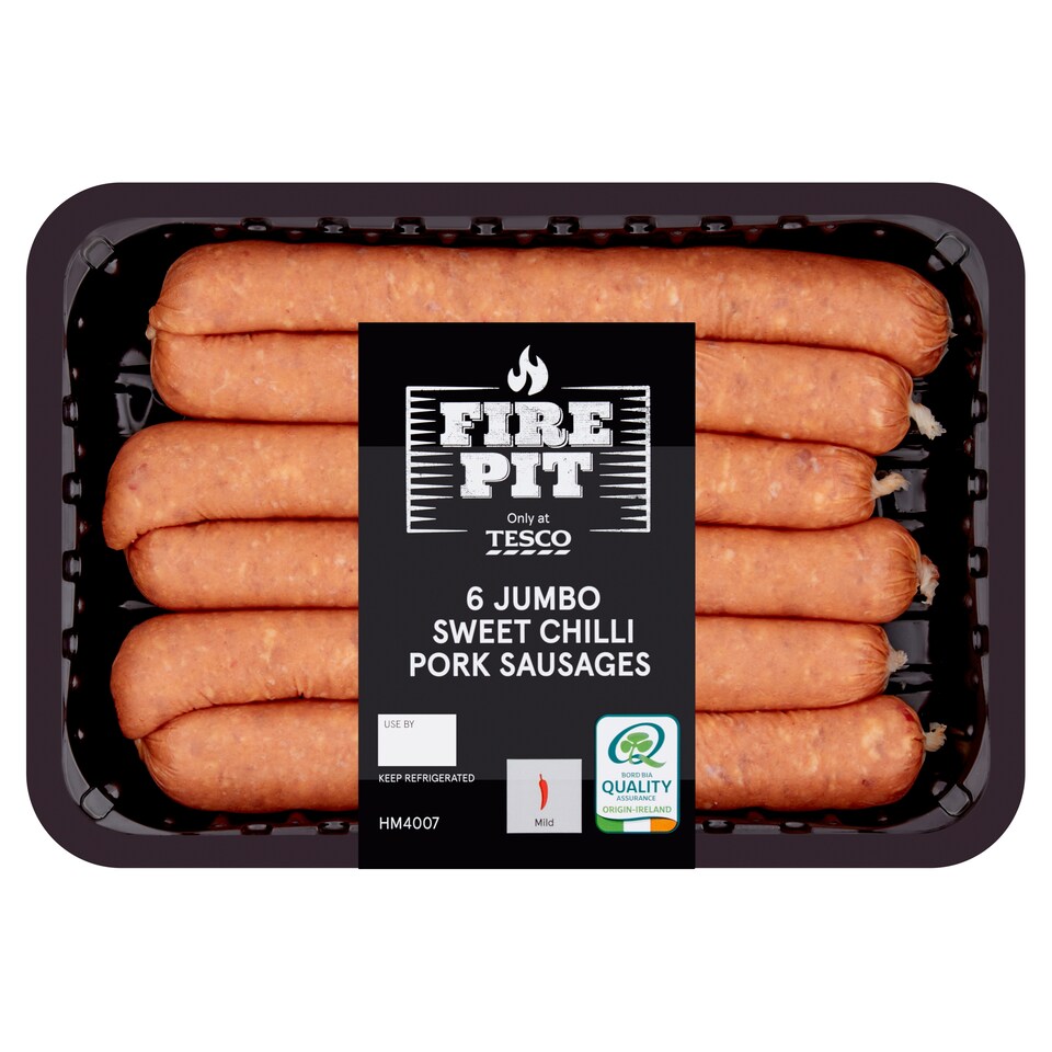 Tesco Fire Pit 6 Jumbo Swt/Ch Pork Sausages 600G