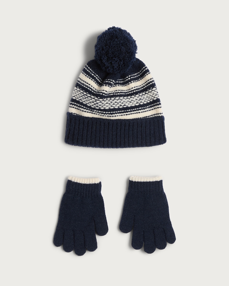 image 1 of F&F Boys 3-Pack Knitted Snood, Gloves and Hat Set in Navy