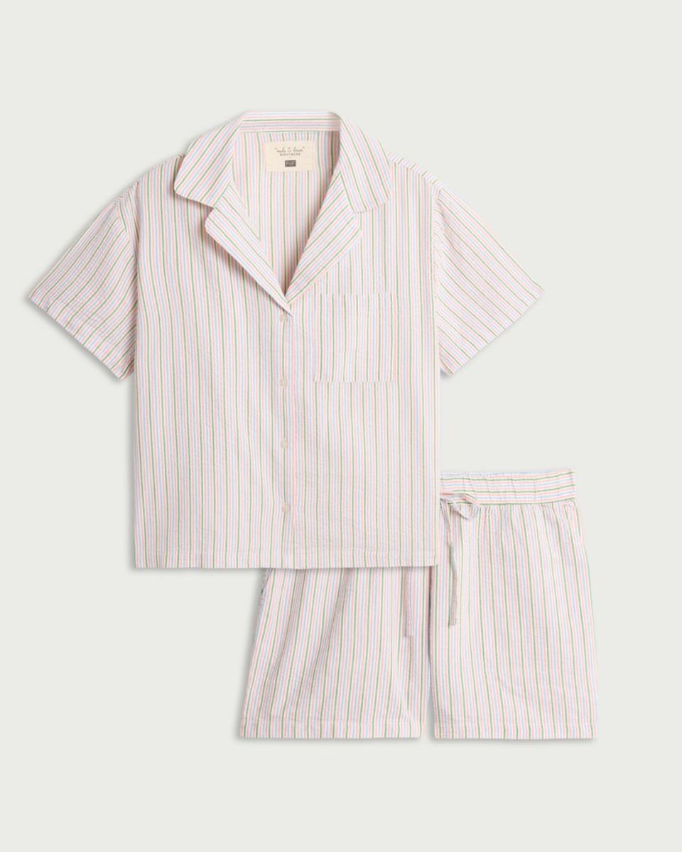 image 1 of F&F Pure Cotton Seersucker Striped Short Pyjama Set in Multi Green