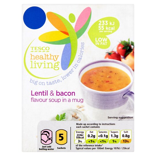 Tesco Healthy Living Lentil & Bacon Soup In A Mug 5 Pack 85G Tesco