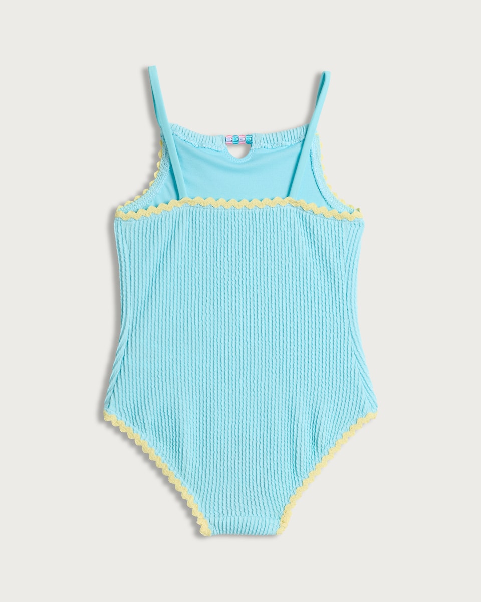 image 1 of F&F Girls Textured Bead Detail Swimsuit in Blue