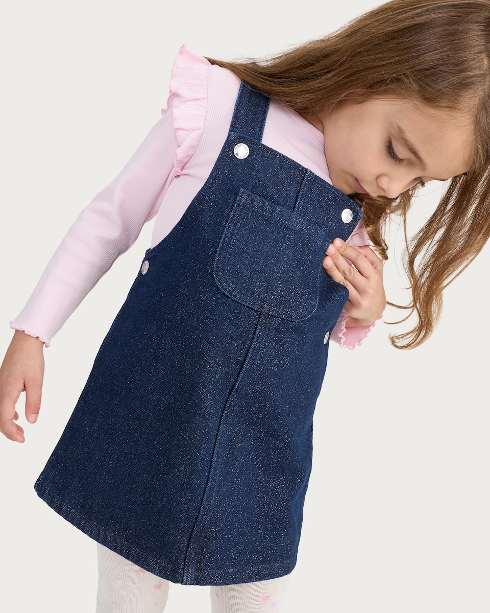 image 1 of F&F Girls 2-Piece Cotton Rich Denim Pinafore and Ruffle Sleeve Top Set in Multi Blue