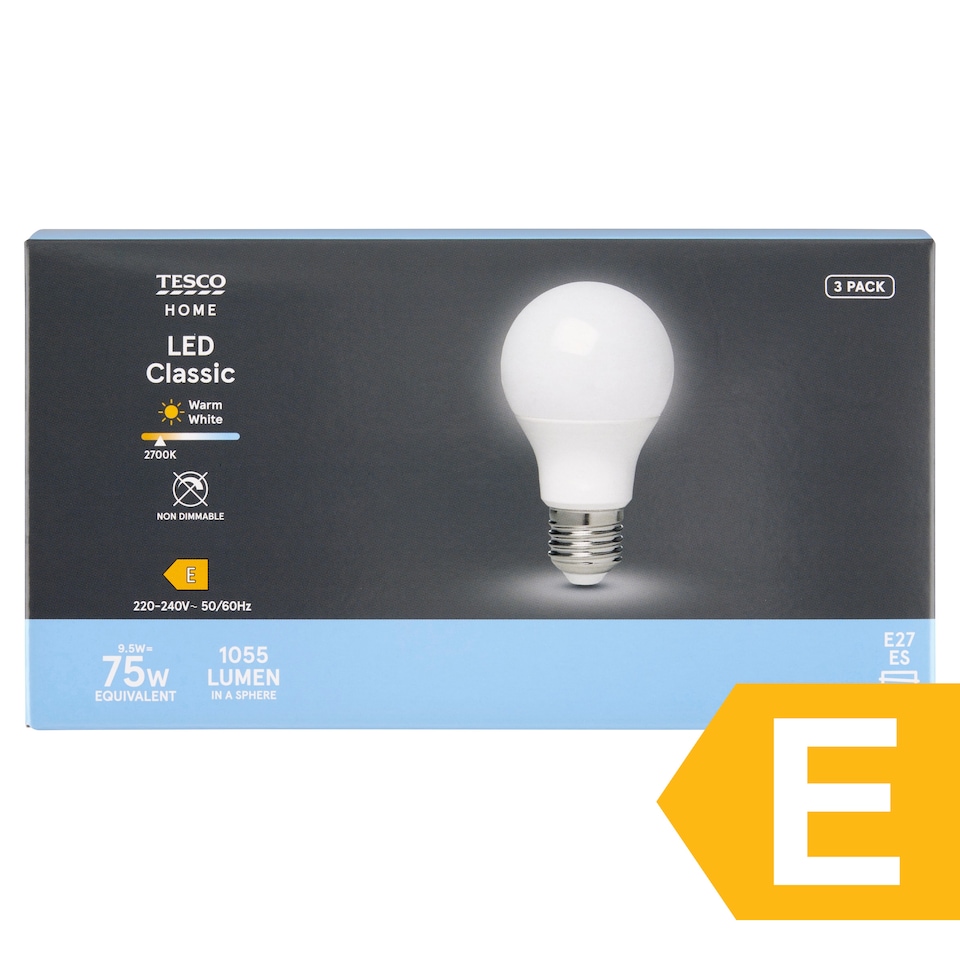 image 1 of Tesco Home E27 1055 lm 75W 2700K LED Classic Bulb 3 pcs