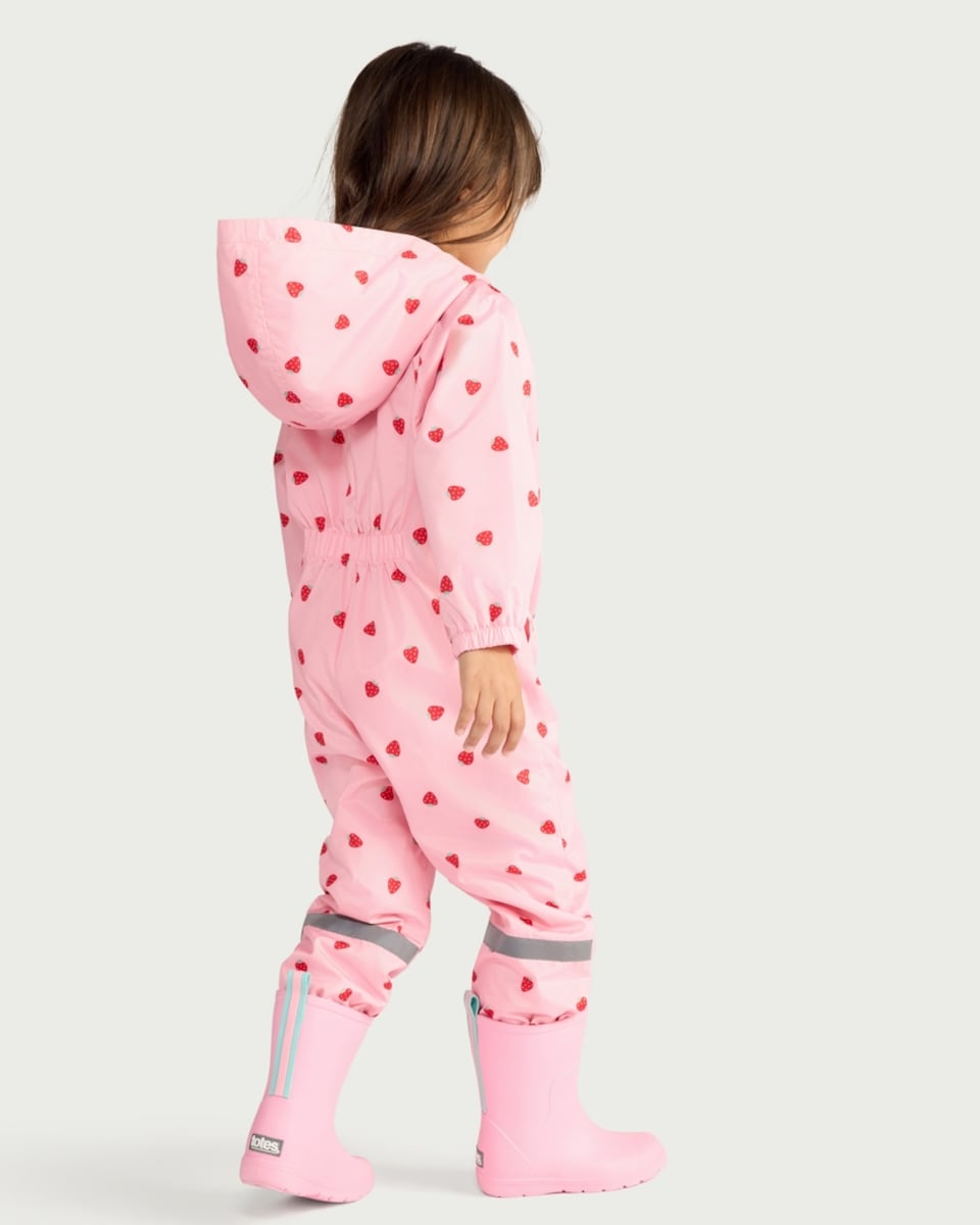 image 1 of F&F Girls Heart Print Shower Resistant Puddlesuit in Pink