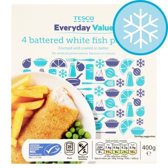 Tesco Every Day Value 4 Battered White Fish Portions 400G Tesco Groceries