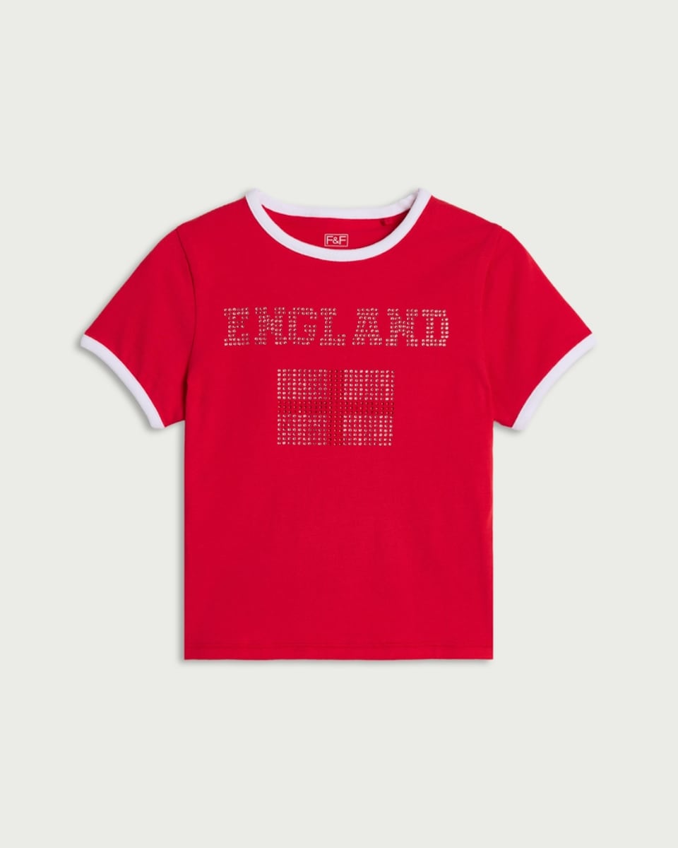 image 1 of F&F Girls Cotton Rich England Flag Embellished T-Shirt in Red
