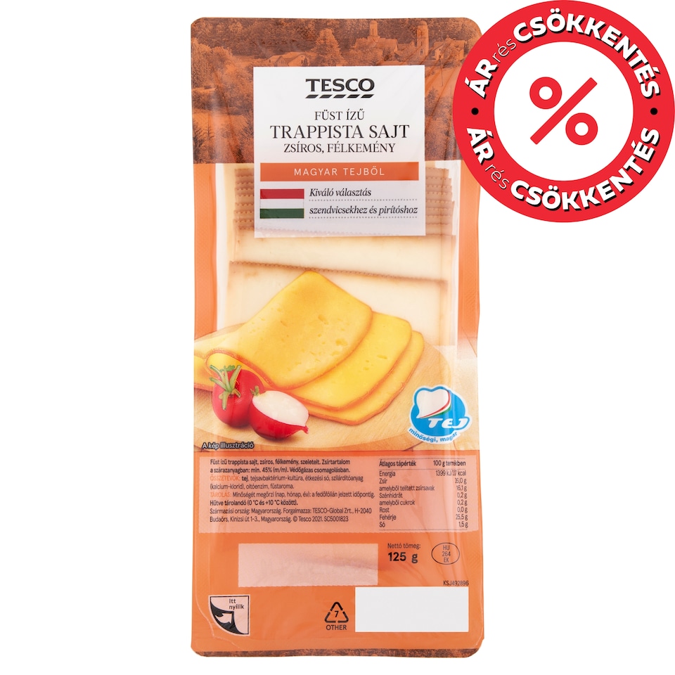 Tesco szeletelt, zsíros, félkemény, füst ízű trappista sajt 125 g