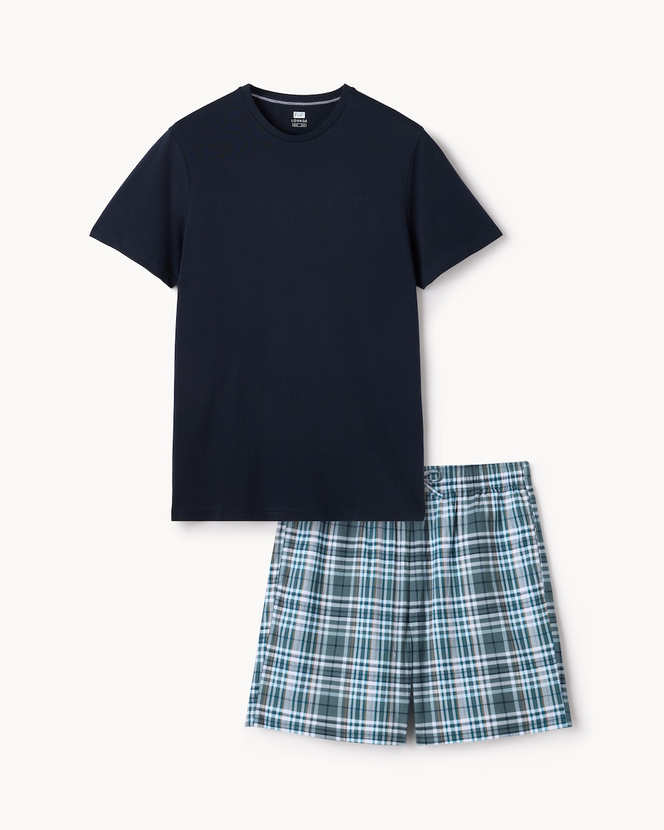 image 1 of F&F Checked Fleece Shorts Pyjama Set in Navy