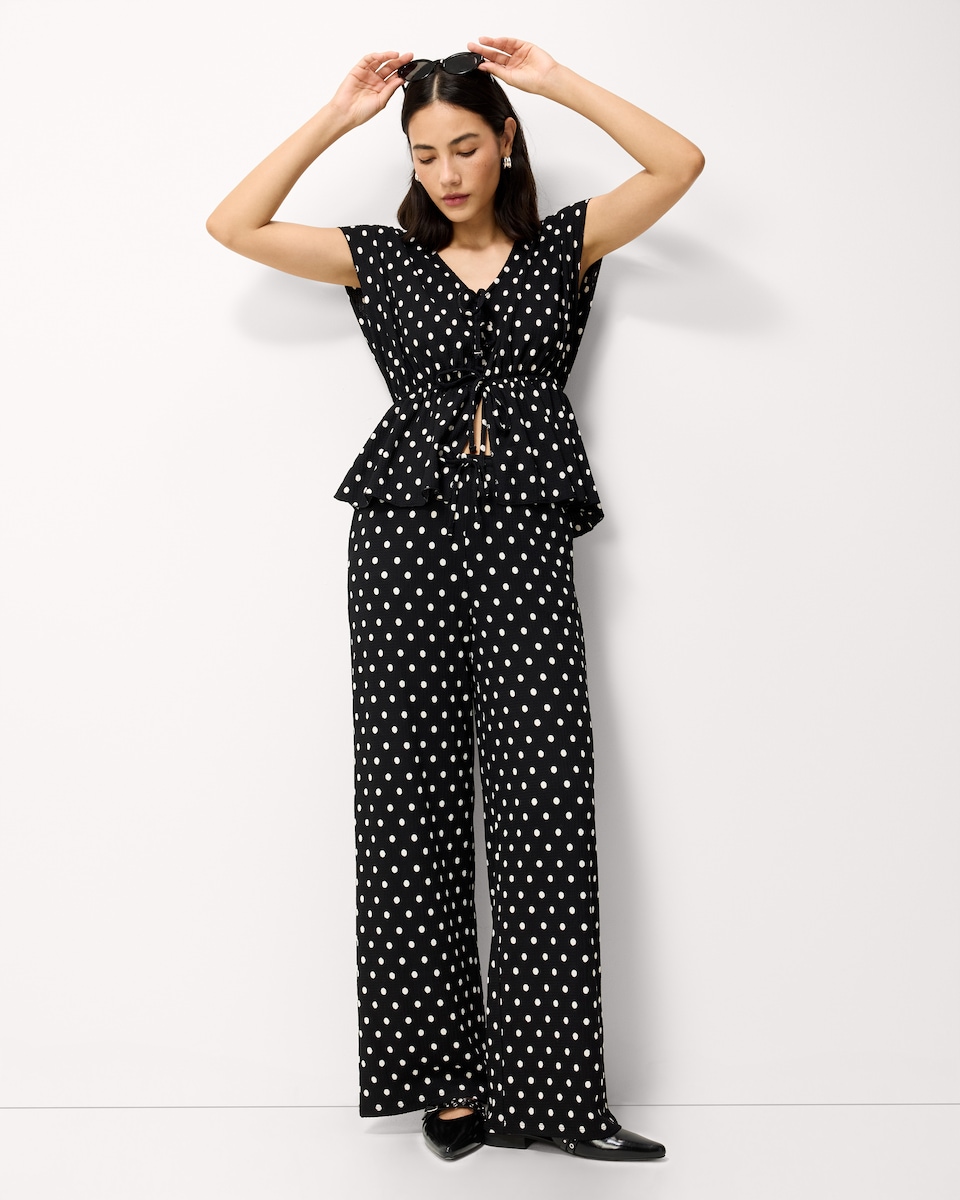 image 1 of F&F Polka Dot Tie Front Top in Multi Black